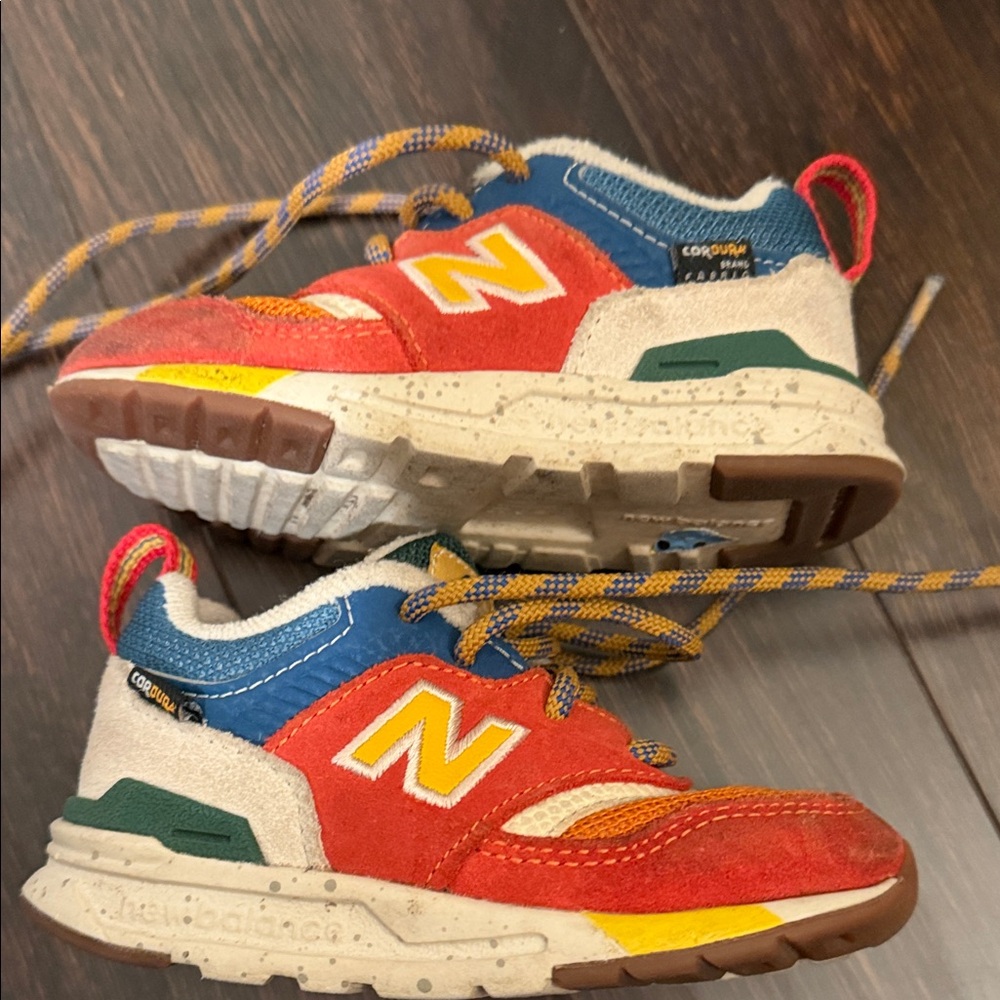 New Balance Kids Orange & Red Suede Mesh Sneakers with Blue Accents - Picture 3 of 8